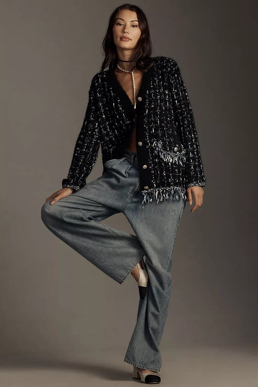 Anthropologie Tweed Fringe Cardigan Sweater